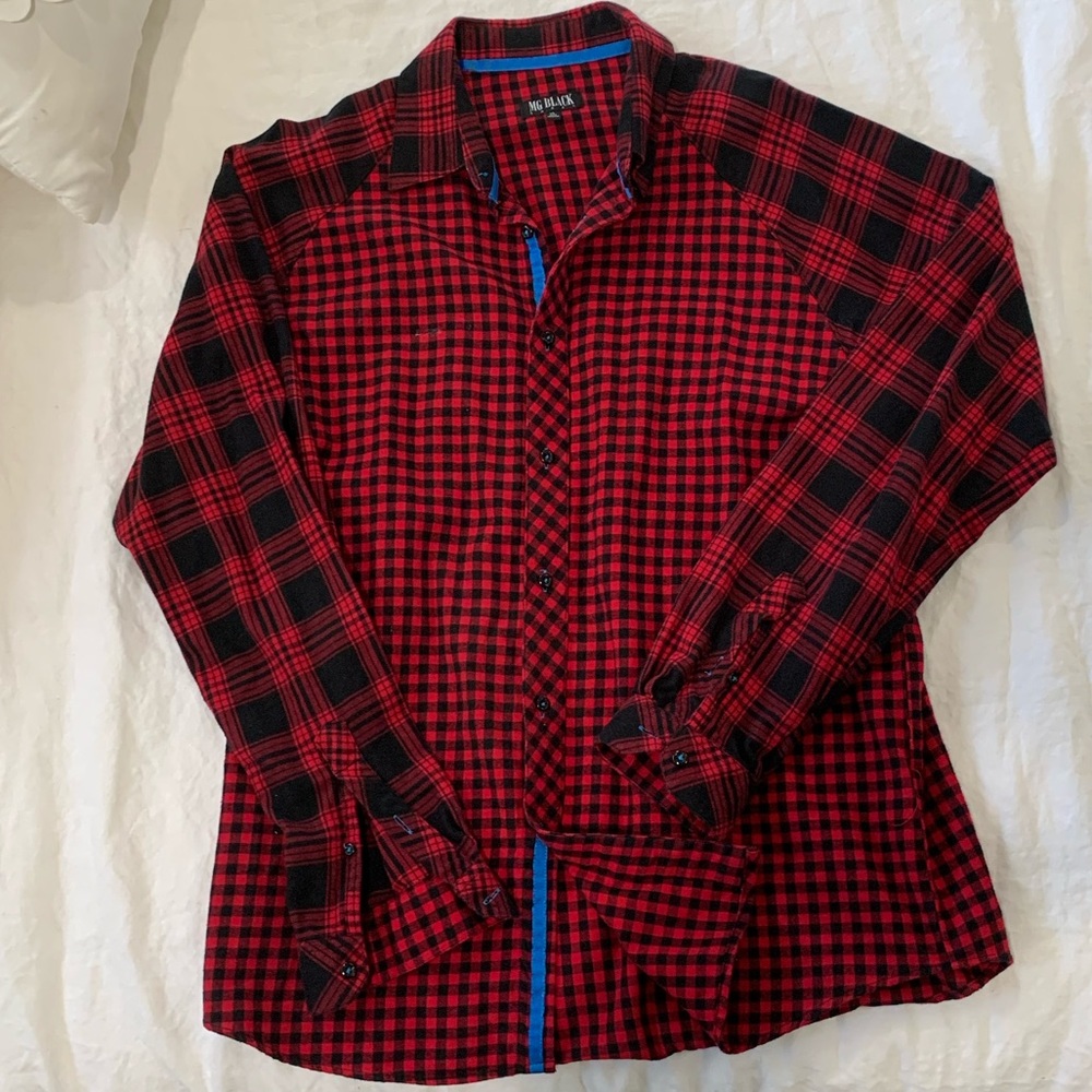 Red multi-plaid with blue trim button up shirt